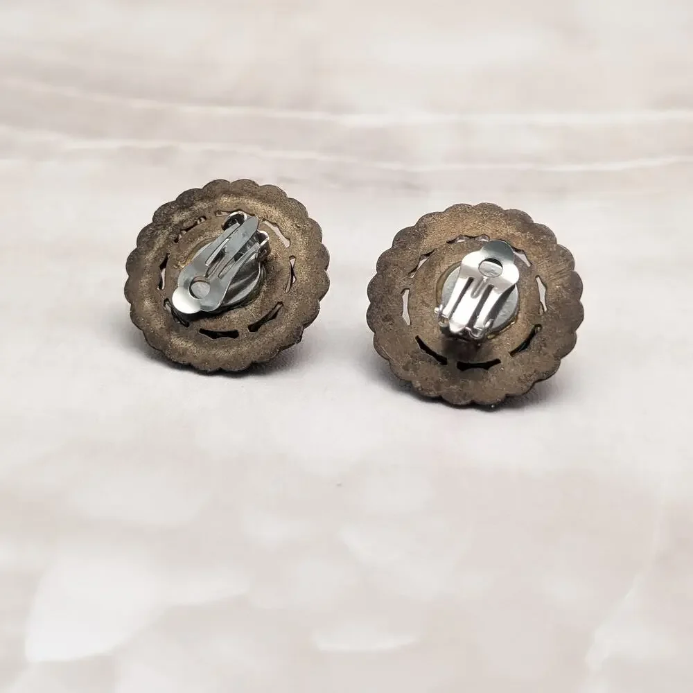 Vintage Clip On Earrings Large Chunky Statement Dark Bronzeish Tone Faux Pearl